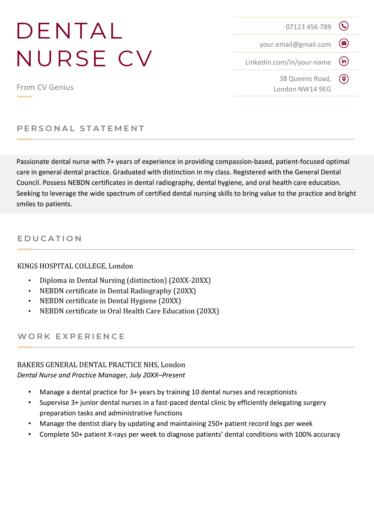 First page of a dental nurse CV example in a burgundy-themed template.