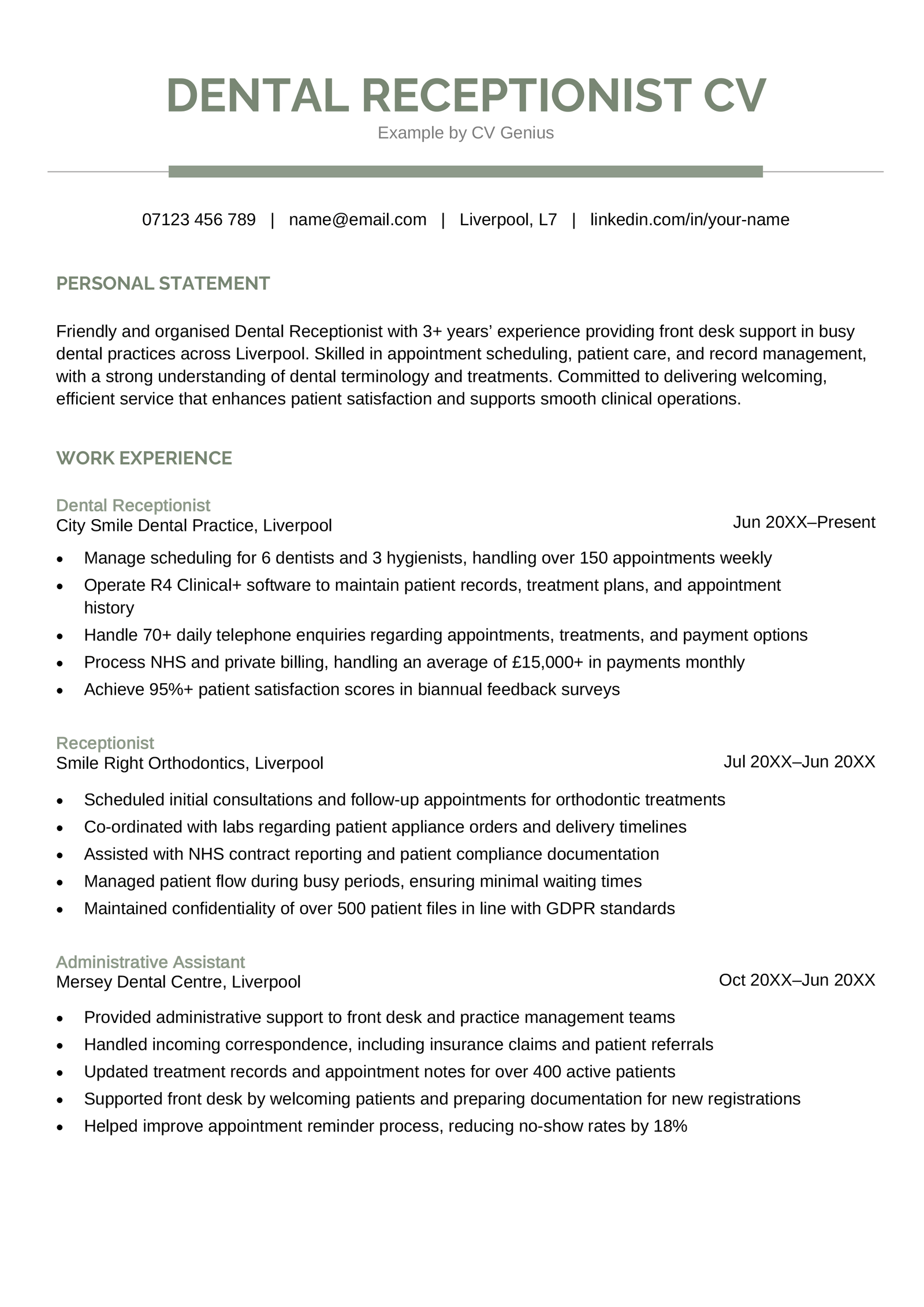 A dental receptionist CV example.