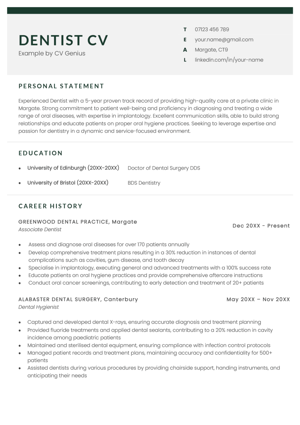 A dentist CV example template with a green header and the applicants key qualifications and experiences laid out in a standard format.