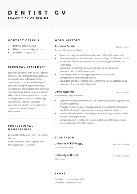 An example dentist CV using the Bangor template