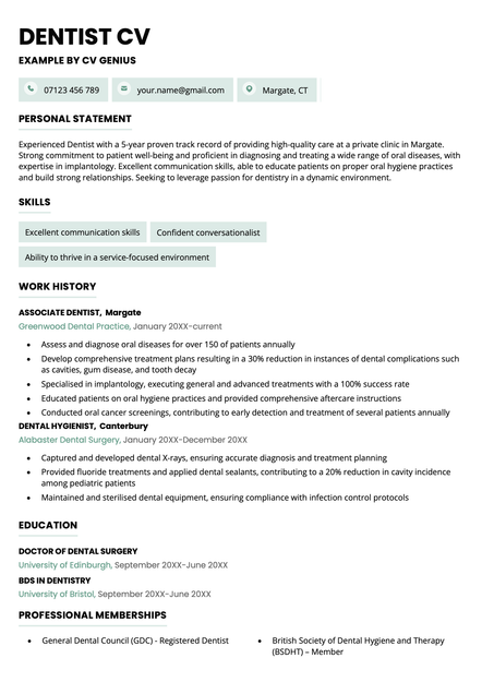 An example dentist CV using the Bristol template