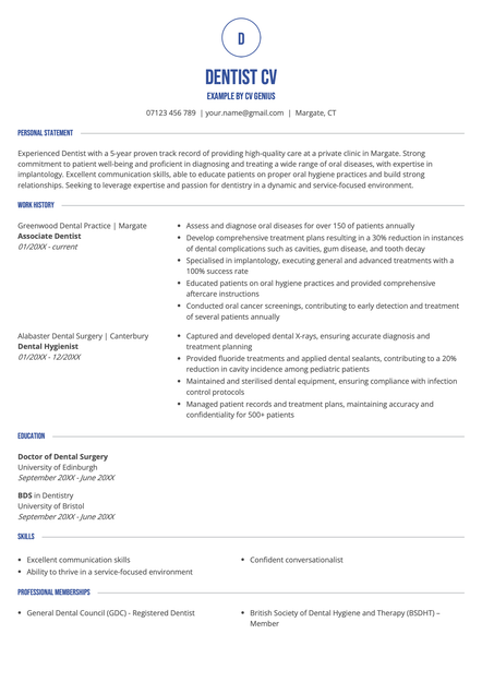 An example dentist CV using the Chichester template