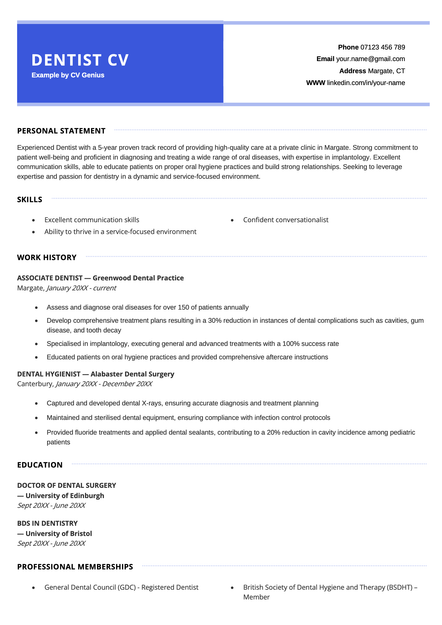 An example dentist CV using the Westminster template