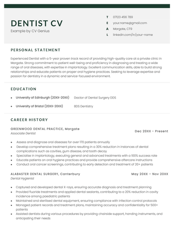 The first page of a dentist CV example template with a green header and the applicants key qualifications and experiences laid out in a standard format.