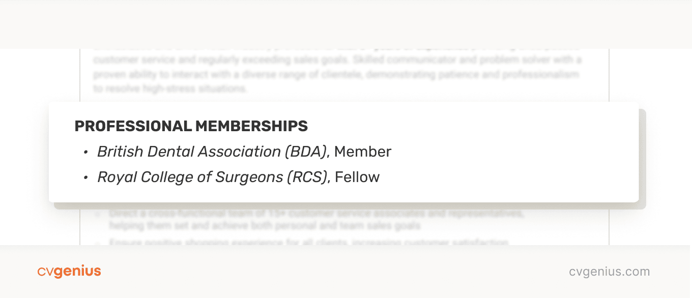 A professional memberships section on a dentist's CV with two entries formatted in a bulleted list.