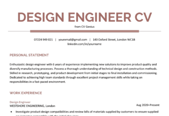 The first page of a single-column, maroon-accented design engineer CV with the applicant's contact information, personal statement, and work experience