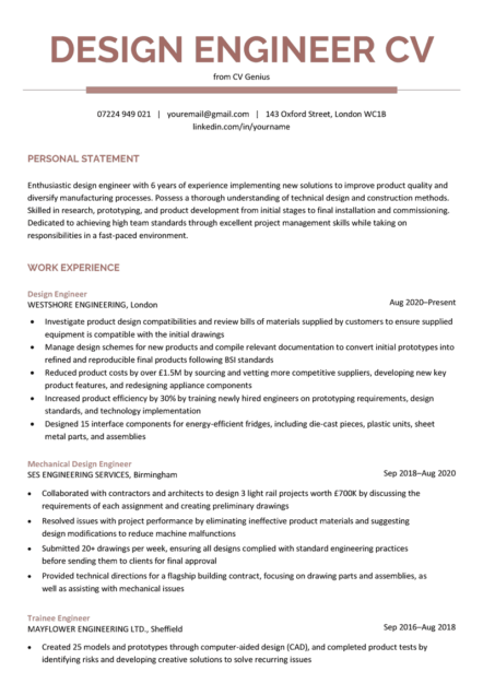 The first page of a single-column, maroon-accented design engineer CV with the applicant's contact information, personal statement, and work experience