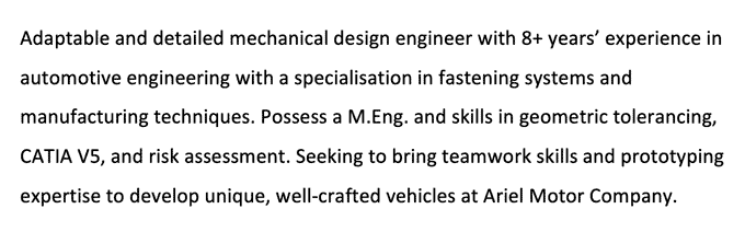 A personal statement on a design engineer CV customised for an automotive mechanical engineering role