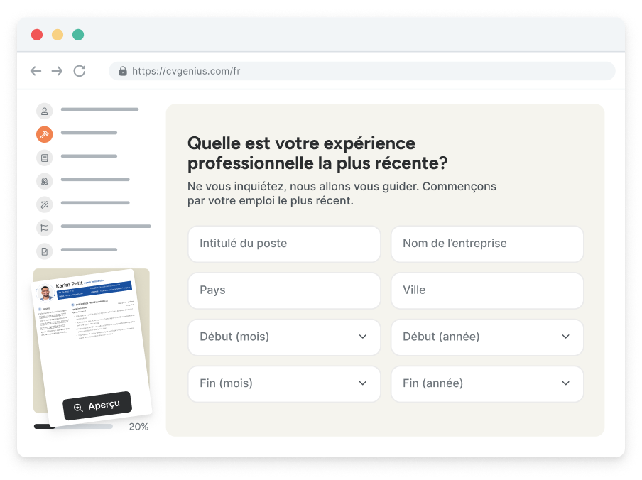 La première étape du designer CV de CV Genius.
