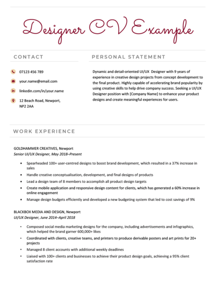 The first page of a designer CV example with a burgundy font for the header and four left-aligned icons showing the applicant's contact information, including their address, email, phone number, and LinkedIn profile