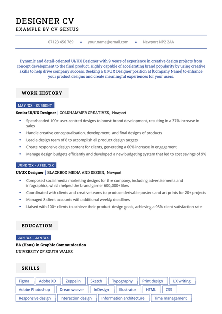 An example designer CV using the Canterbury CV template