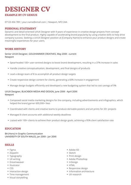 An example designer CV using the Norwich CV template