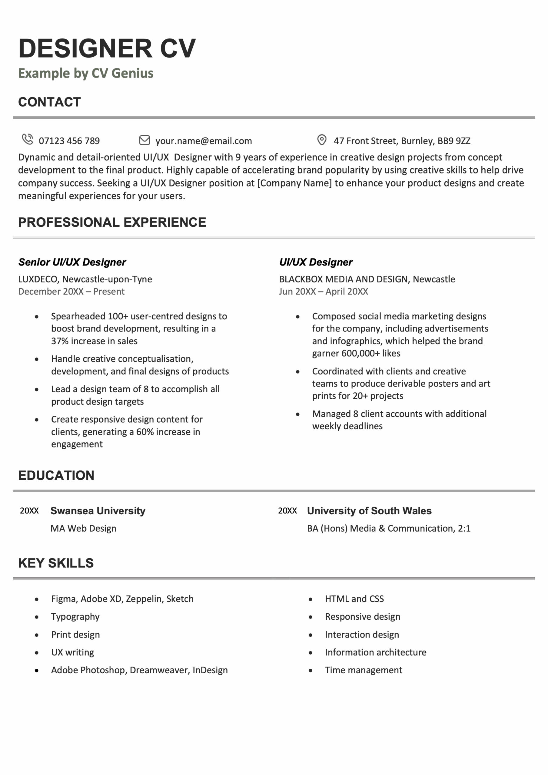 The first page of a designer CV example with a burgundy font for the header and four left-aligned icons showing the applicant's contact information, including their address, email, phone number, and LinkedIn profile.