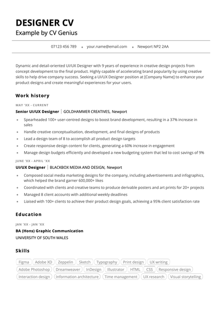 An example designer CV using the St Albans CV template