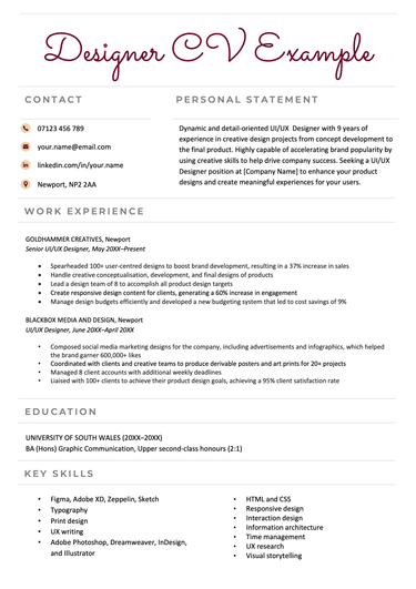 The first page of a designer CV example with a burgundy font for the header and four left-aligned icons showing the applicant's contact information, including their address, email, phone number, and LinkedIn profile.