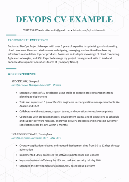 The first page of a turquoise DevOps CV example that shows the applicant's personal statement and work experience.