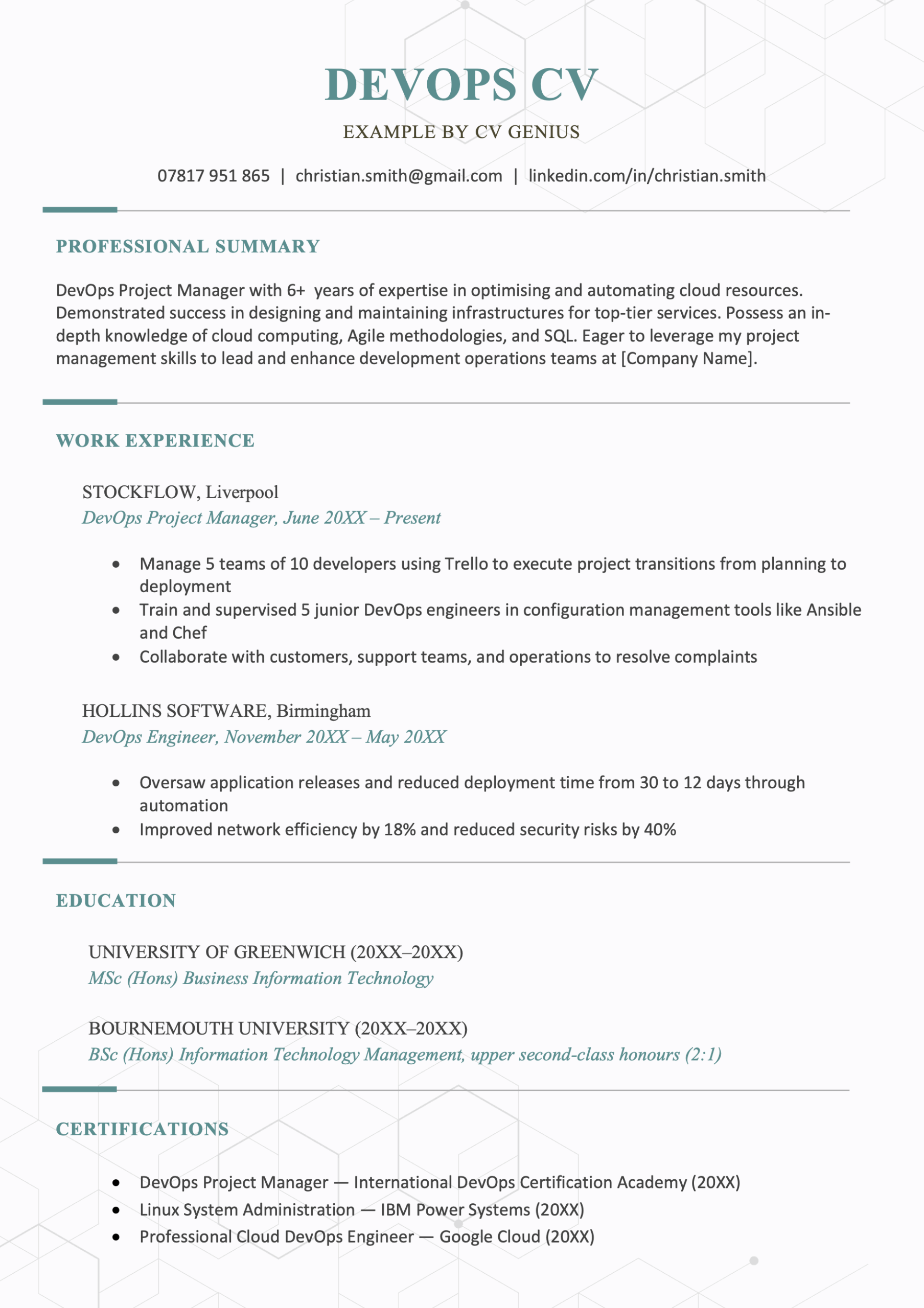 The first page of a turquoise DevOps CV example that shows the applicant's personal statement and work experience.