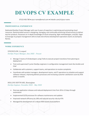 The first page of a turquoise DevOps CV example that shows the applicant's personal statement and work experience.