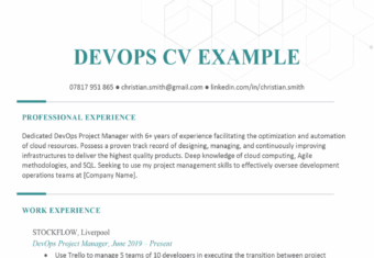 The first page of a turquoise DevOps CV example that shows the applicant's personal statement and work experience