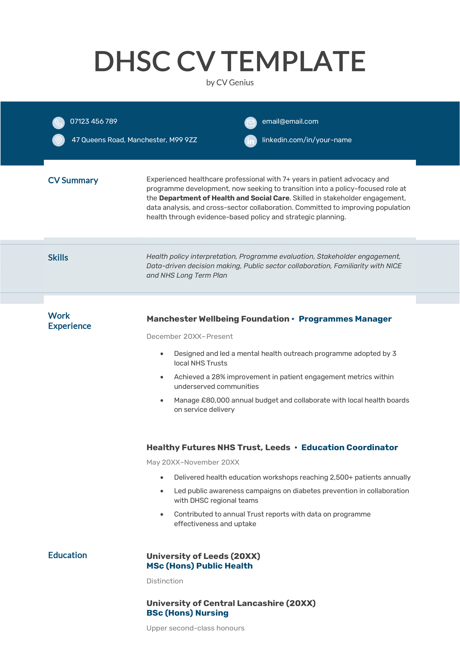 A DHSC free government CV template.