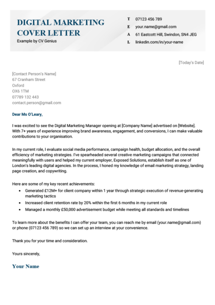 A digital marketing cover letter example with a grey and blue header and several paragraphs explaining why the applicant is a great fit for a specific digital marketing role.