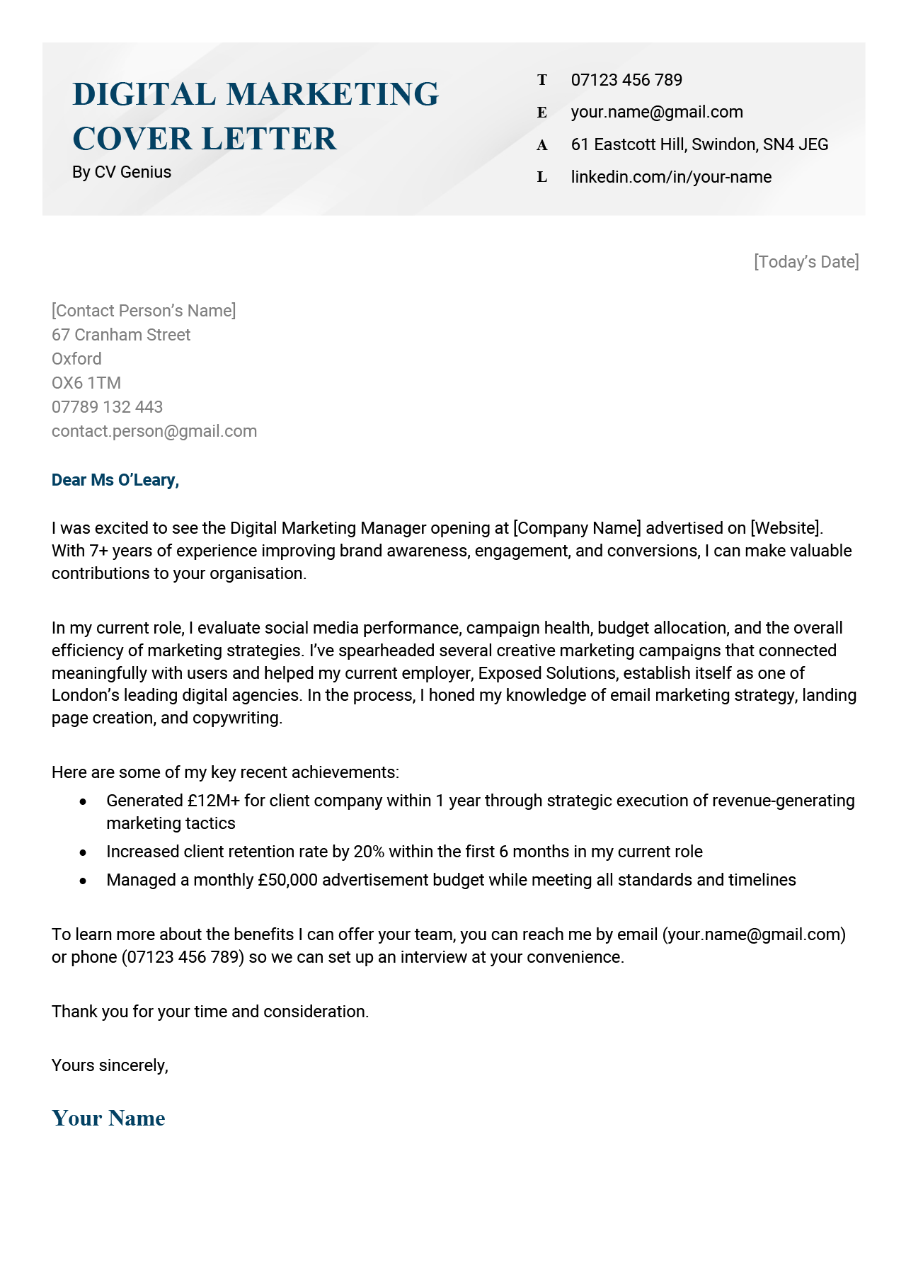 A digital marketing cover letter example with a grey and blue header and several paragraphs explaining why the applicant is a great fit for a specific digital marketing role.