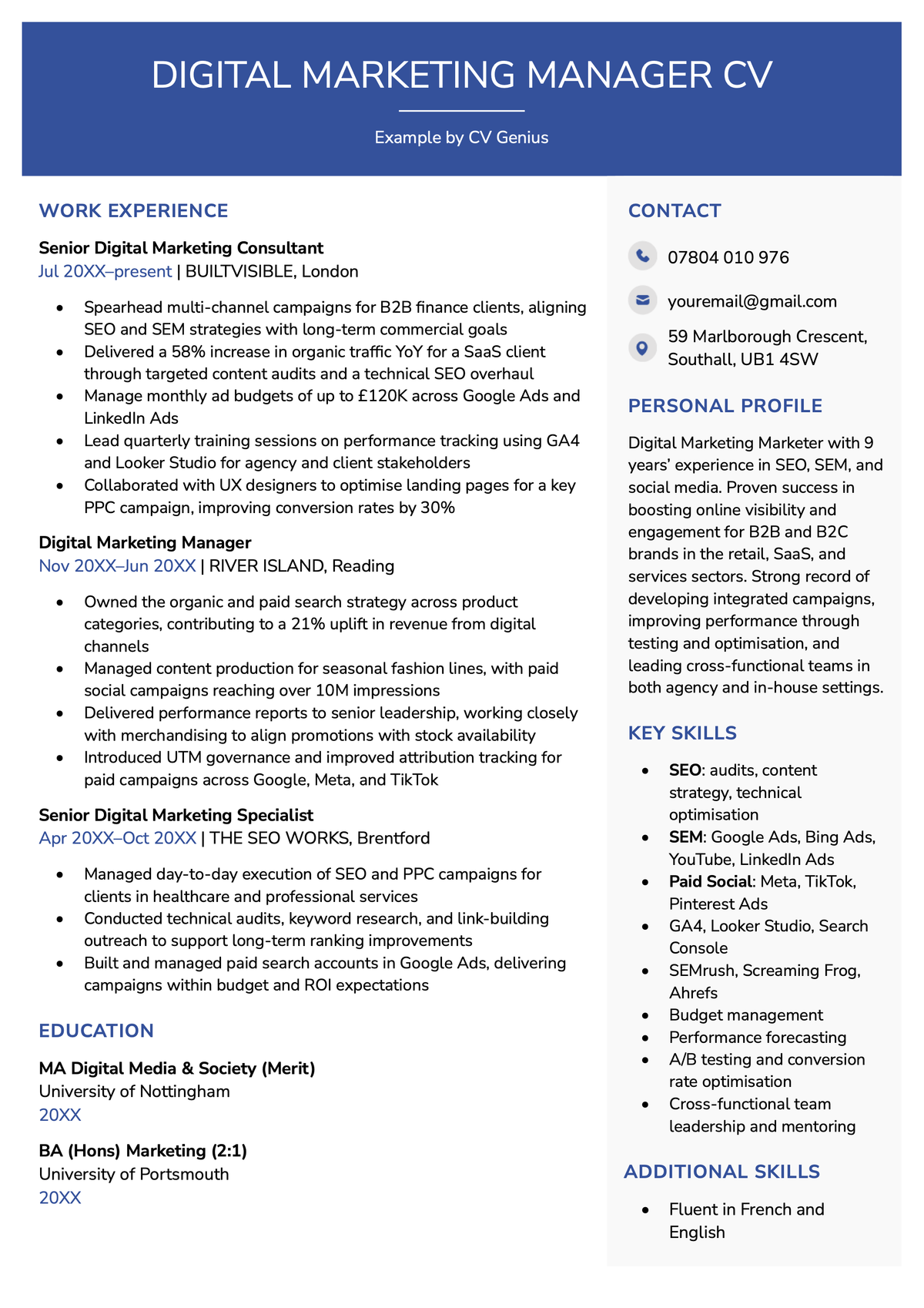Example of a digital marketing manager CV