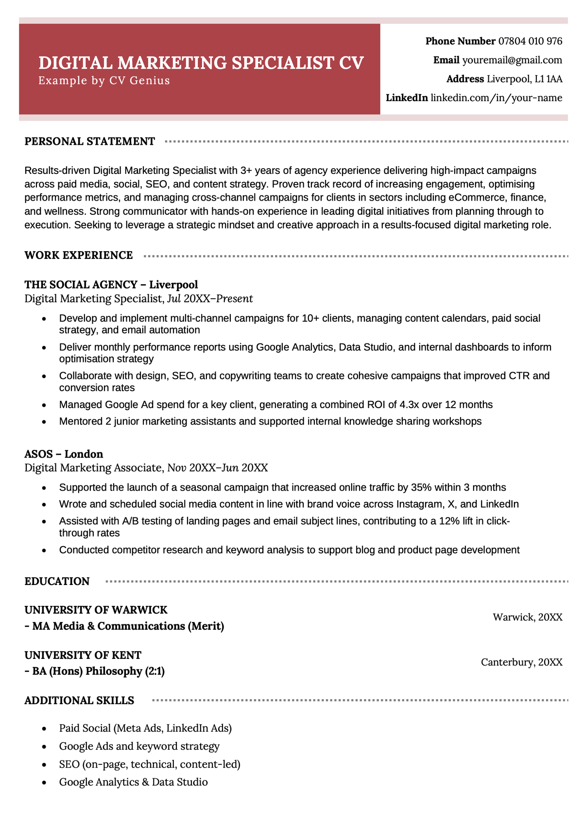 Sample digital marketing specialist CV
