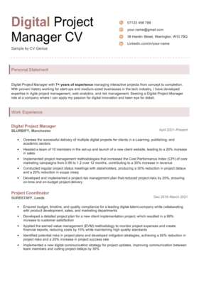 A digital project manager CV with red separators to clearly divide the contact information, personal statement, and work experience sections.
