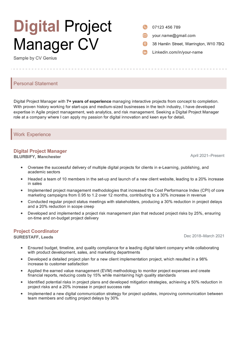 cv personal statement project manager