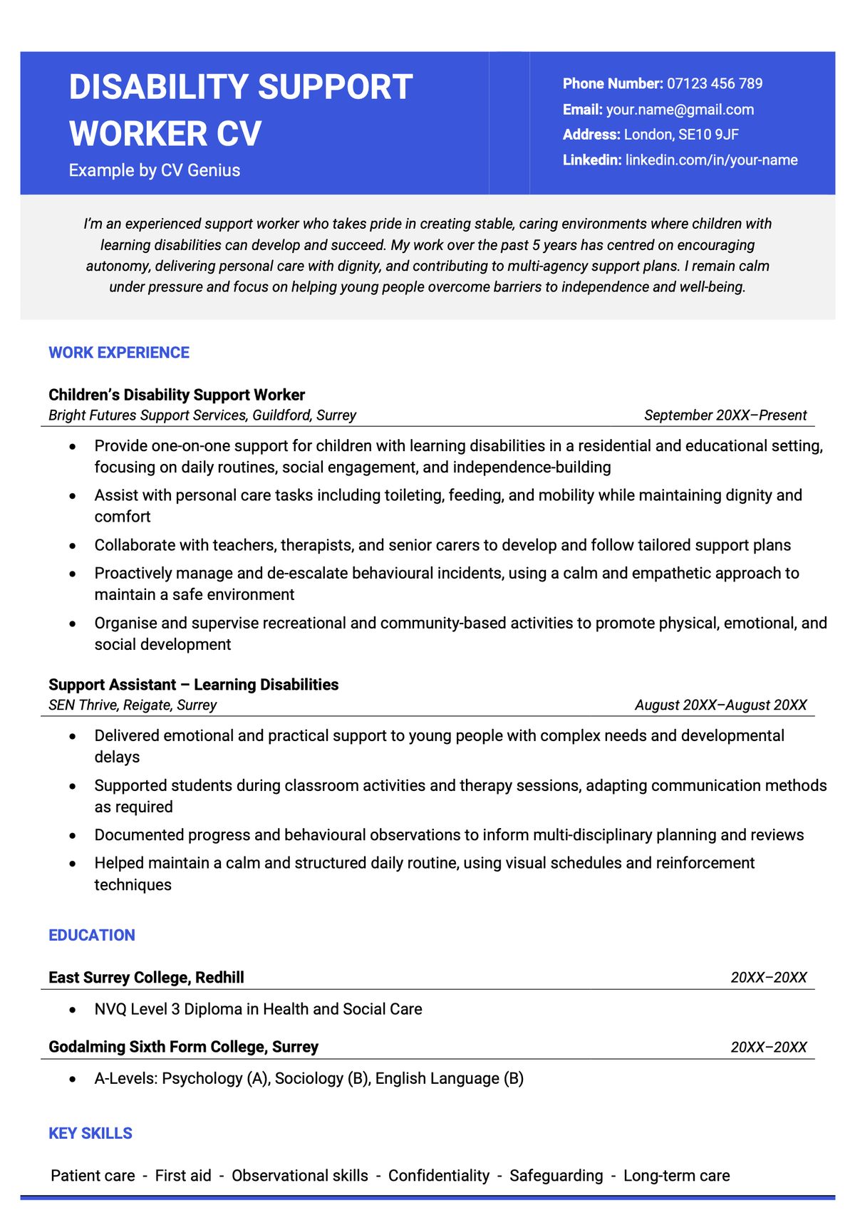 An example disability support worker CV