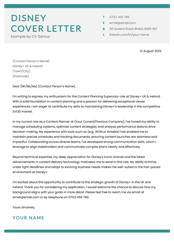 A Disney cover letter example for UK job seekers.