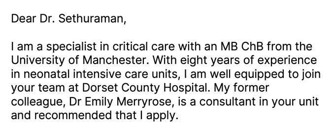 A sample doctor cover letter introduction that shows how to mention a mutual acquaintance.