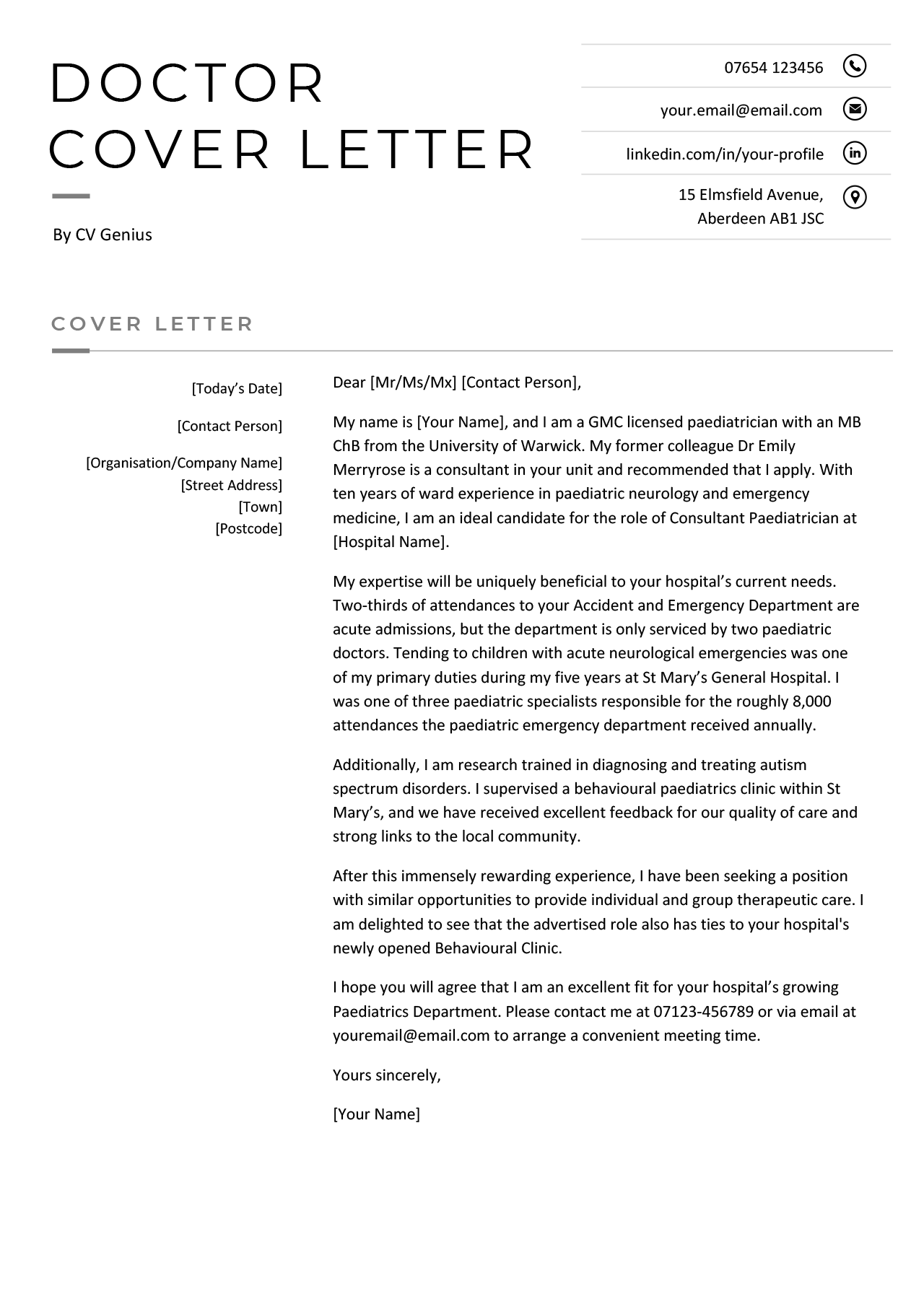 A doctor cover letter with black header and five paragraphs describing the job applicant's skills and job experience.