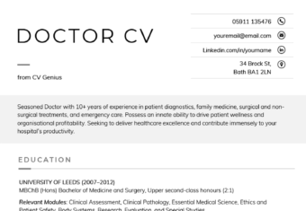 The first page of a doctor CV on a template with a grey block background accentuating the applicant's personal statement and followed by their education details, work experience, and skills section