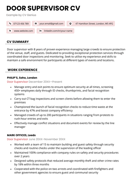 A door supervisor CV example in the Bristol CV template.