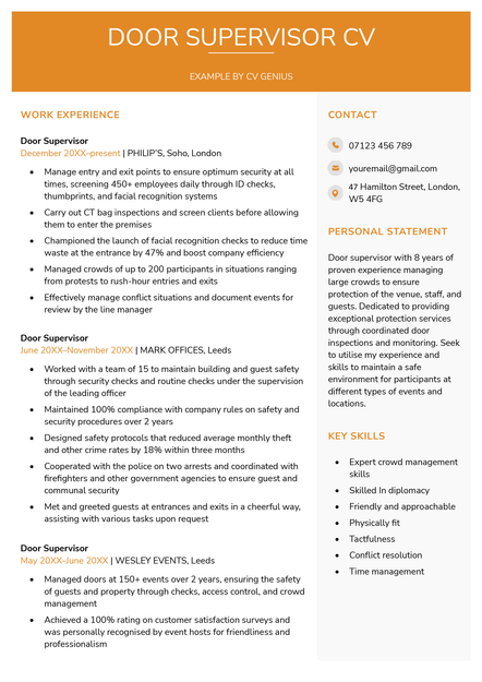 A door supervisor CV example in the Exeter CV template.