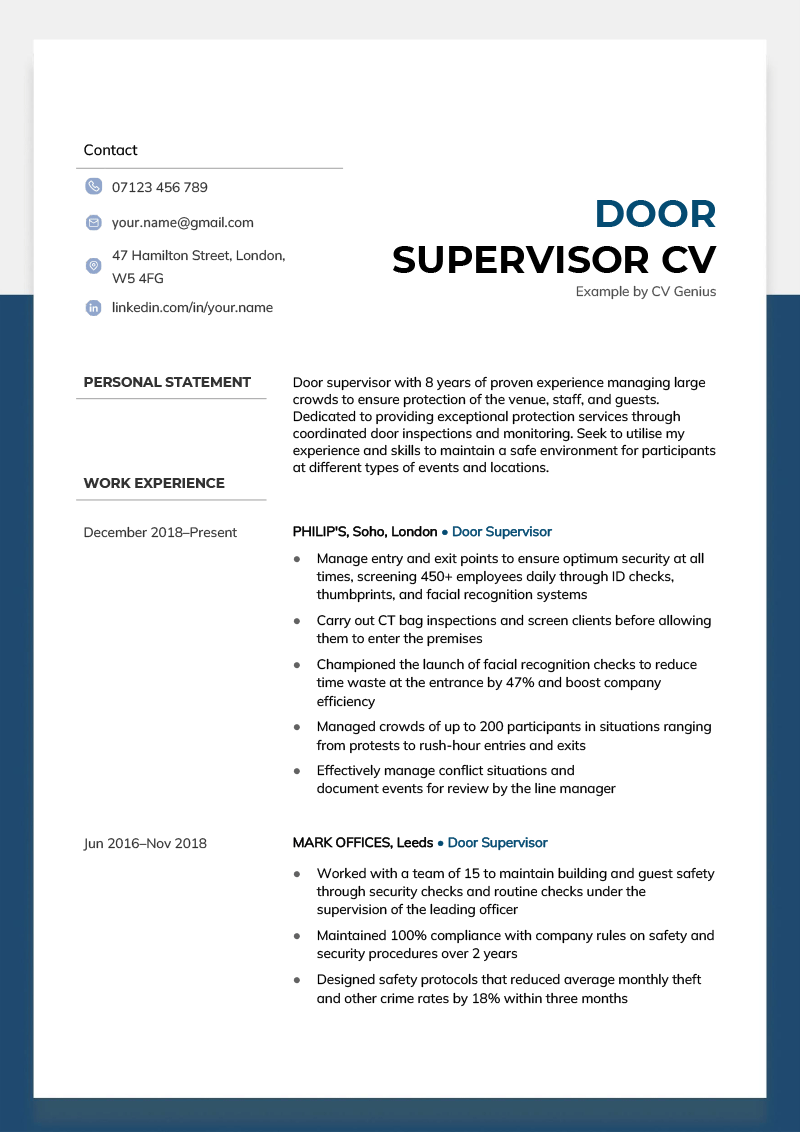 A door supervisor CV example using a blue and white template with a clearly organised layout