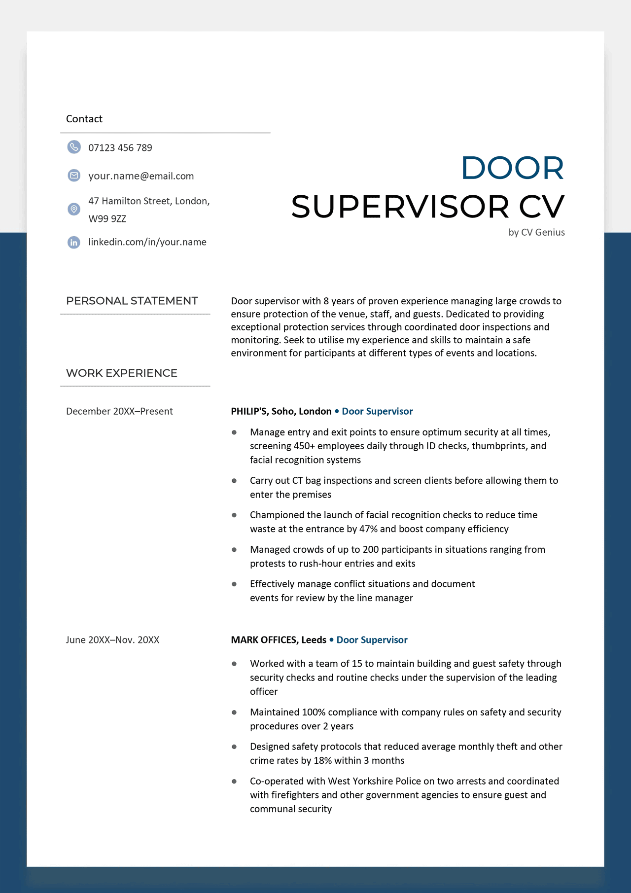 A door supervisor CV example using a blue and white template with a clearly organised layout