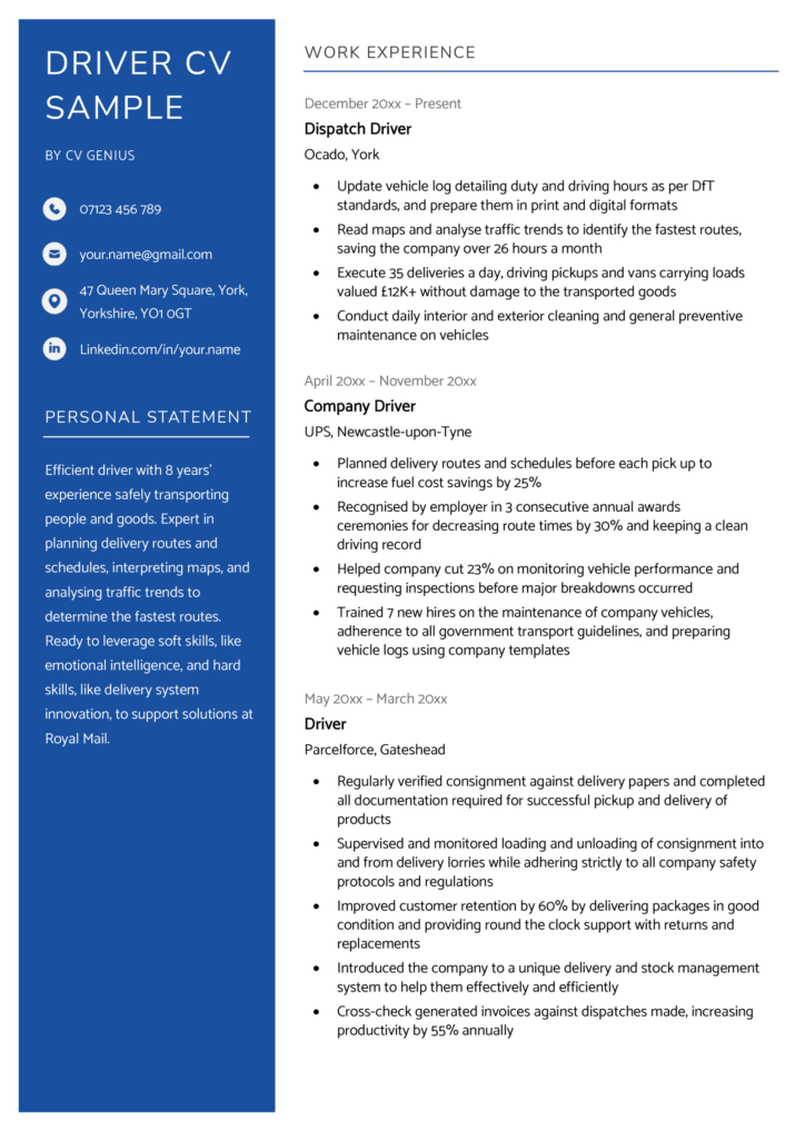 resume samples for a driver