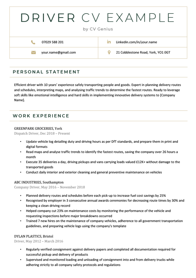 sample resume for light vehicle driver