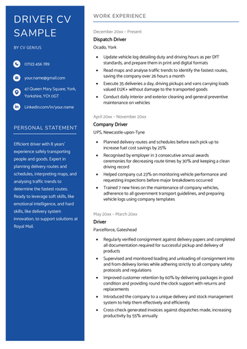 The first page of a driver CV example with green headings and sections for the applicant's contact information, personal statement, and work experience.