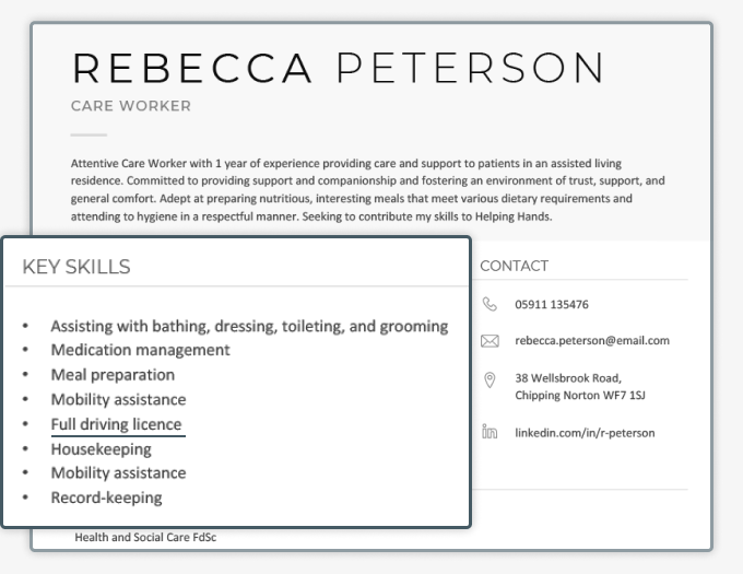 A CV sample showing where you can put your driving licence on your CV.