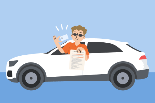A man leans out the window of his car showing his driving licence and pass certificate.