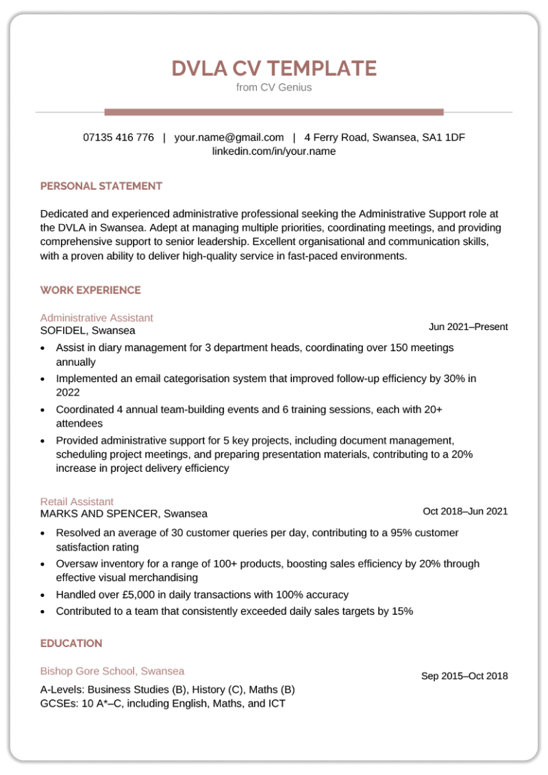 A free government CV template for a DVLA job. It has centred header content, and the following sections are left-aligned. 