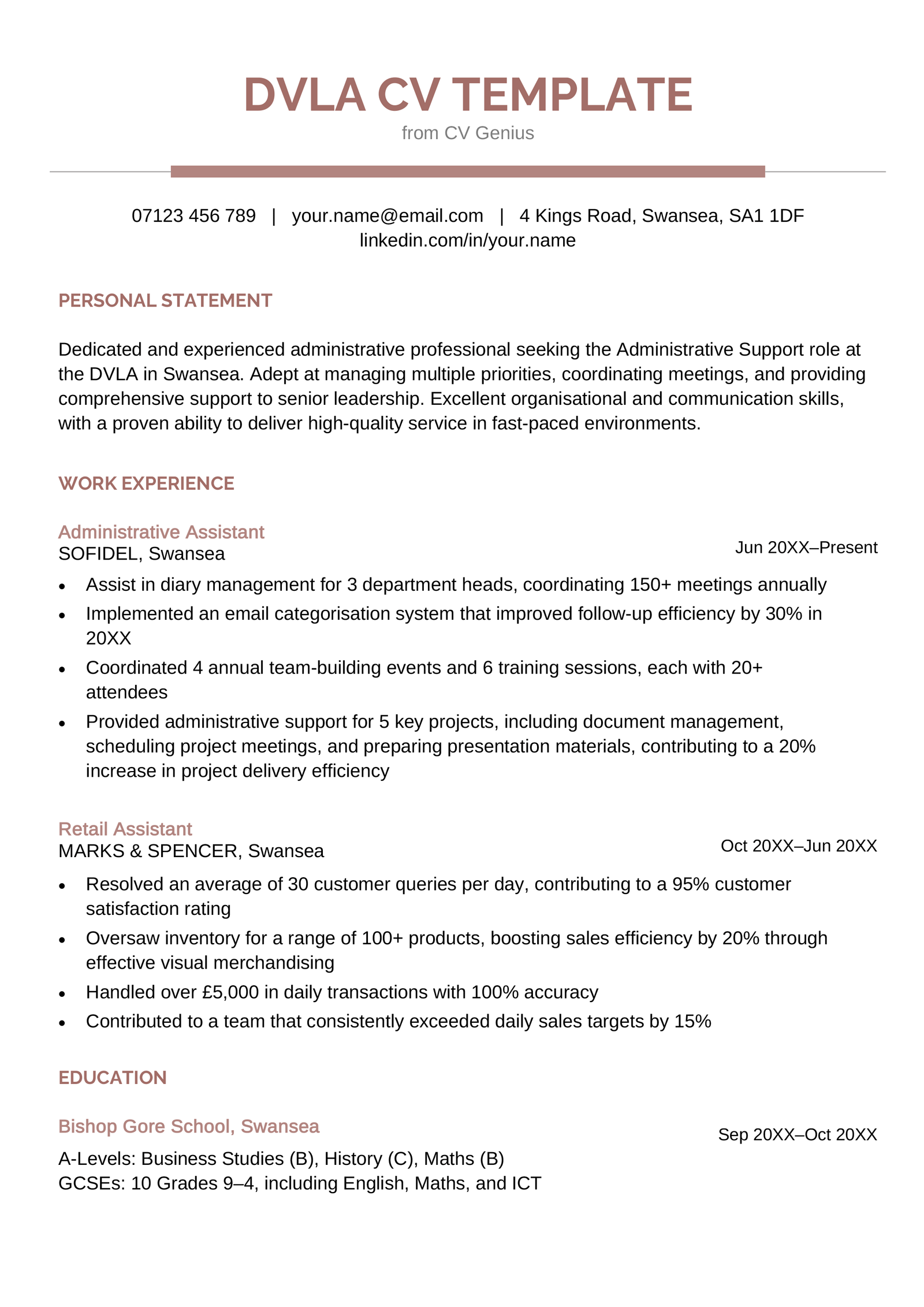 A free government CV template for a DVLA job. It has centred header content, and the following sections are left-aligned. 