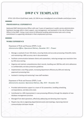 A free government CV template for a DWP job. It has bold text for the applicant's name, and the content is left-aligned.