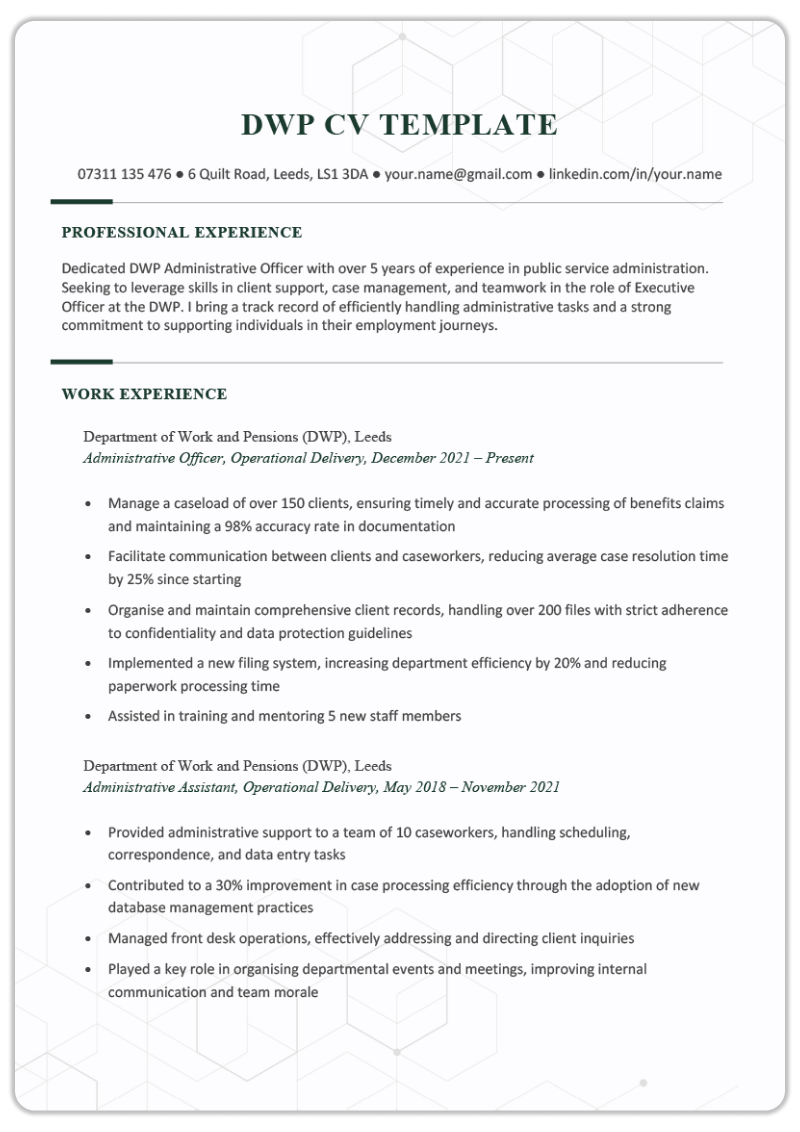 A free government CV template for a DWP job. It has bold, dark green text for the applicant's name, and the content is left-aligned.