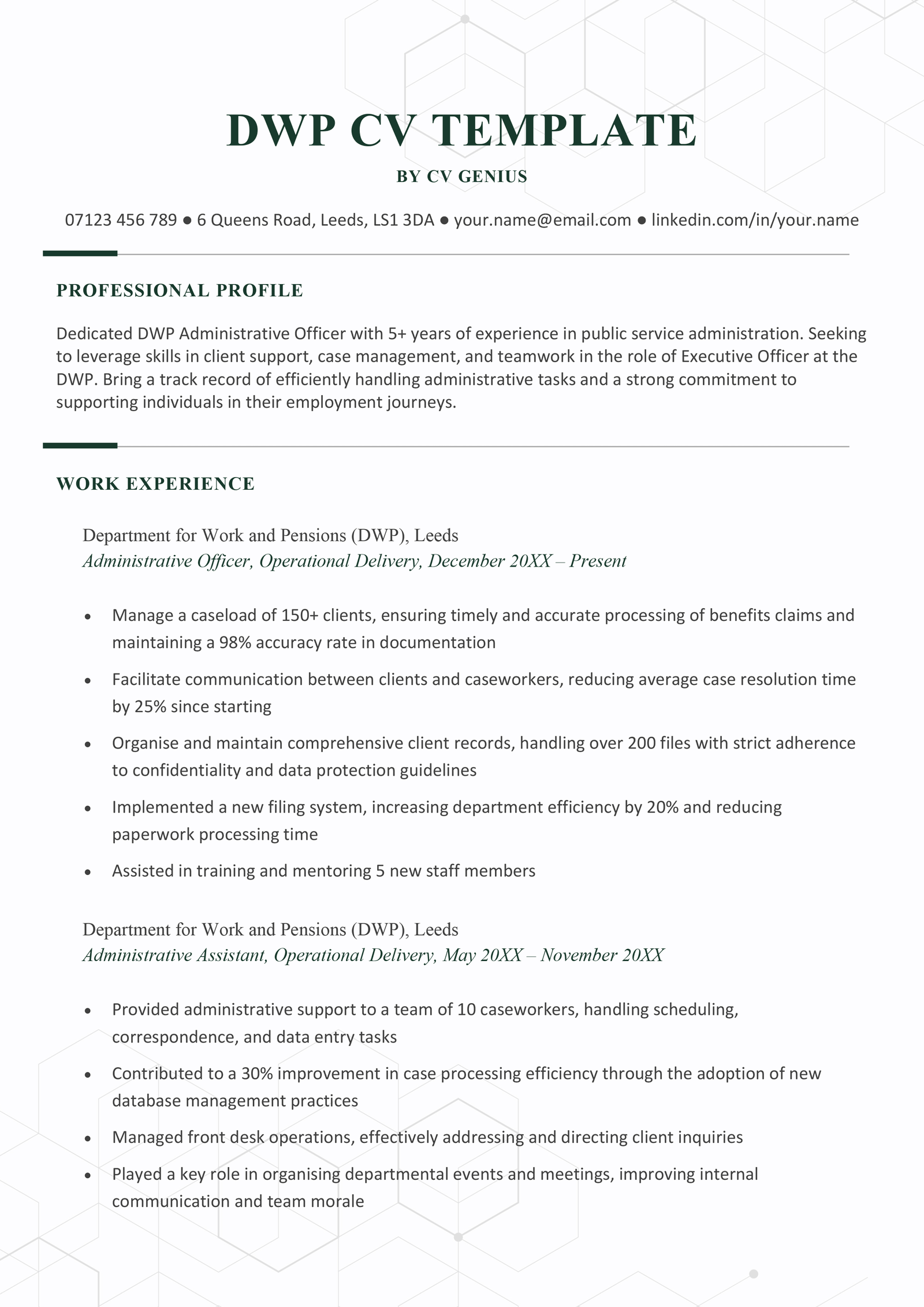 A free government CV template for a DWP job. It has bold, dark green text for the applicant