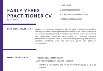 A purple early years practitioner CV listing the applicants contact information, personal statement, work experience, education, skills, and hobbies.